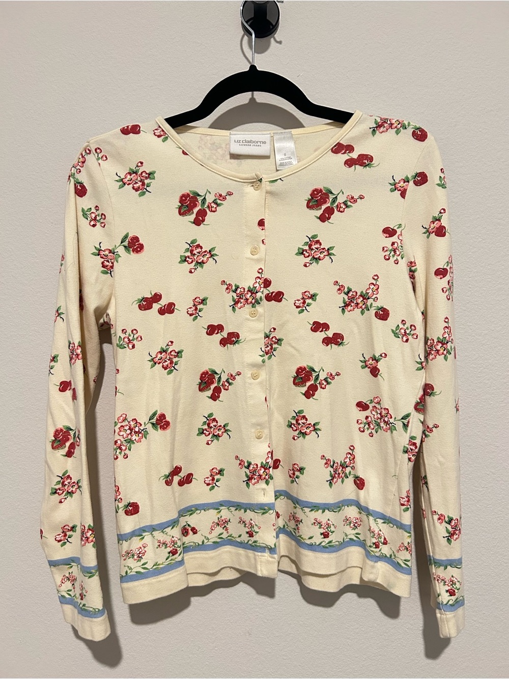 Liz Claiborne Cream Button Up Cardigan with Red Cherry & Blue Trim